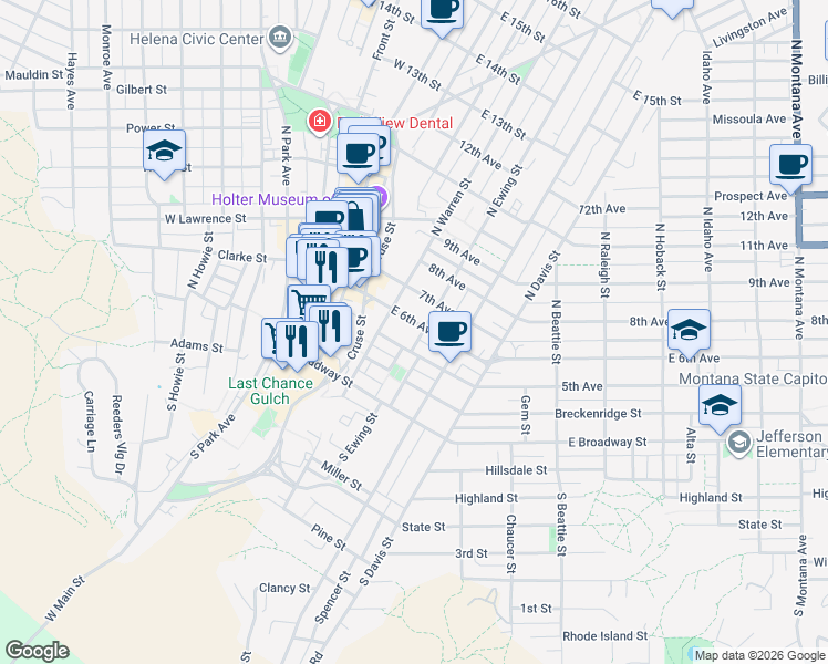 map of restaurants, bars, coffee shops, grocery stores, and more near 212 North Ewing Street in Helena