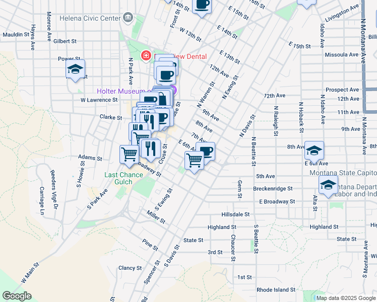 map of restaurants, bars, coffee shops, grocery stores, and more near 210 North Ewing Street in Helena