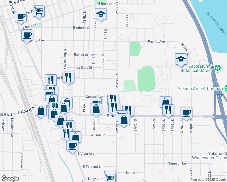 map of restaurants, bars, coffee shops, grocery stores, and more near 909 Central Avenue in Yakima