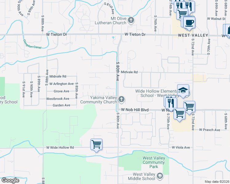 map of restaurants, bars, coffee shops, grocery stores, and more near 8000 Westbrook Avenue in Yakima
