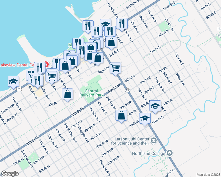 map of restaurants, bars, coffee shops, grocery stores, and more near 606 3rd Avenue West in Ashland
