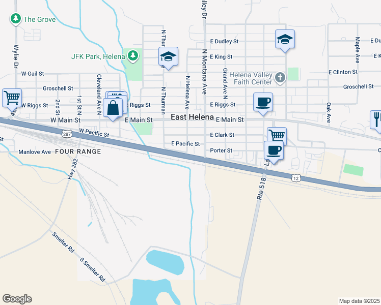 map of restaurants, bars, coffee shops, grocery stores, and more near U.S. 287 in East Helena