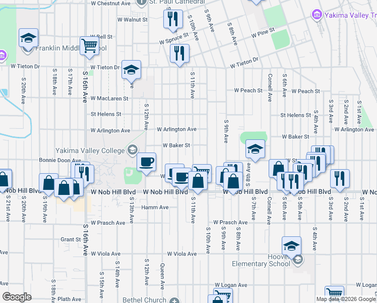 map of restaurants, bars, coffee shops, grocery stores, and more near 1001 Pleasant Avenue in Yakima