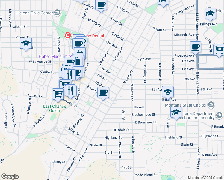 map of restaurants, bars, coffee shops, grocery stores, and more near 327 North Rodney Street in Helena