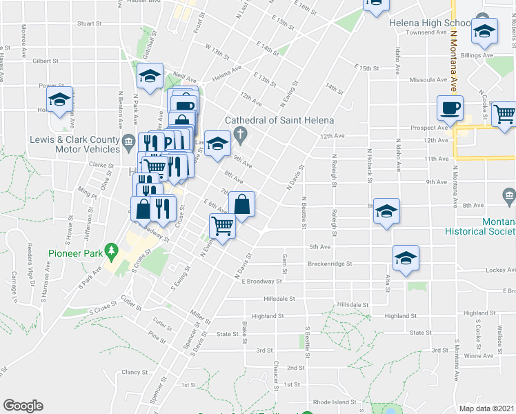 map of restaurants, bars, coffee shops, grocery stores, and more near 327 North Rodney Street in Helena