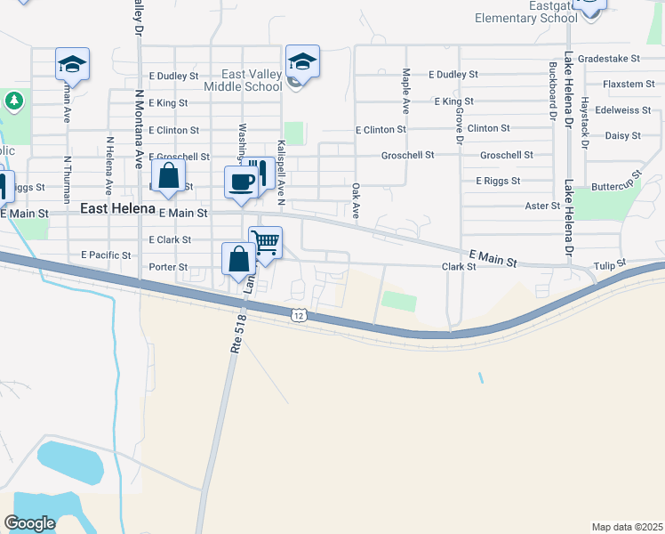 map of restaurants, bars, coffee shops, grocery stores, and more near 3512 East Old Highway 12 in East Helena