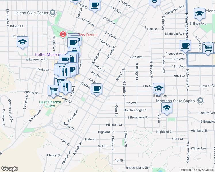 map of restaurants, bars, coffee shops, grocery stores, and more near 320 North Davis Street in Helena