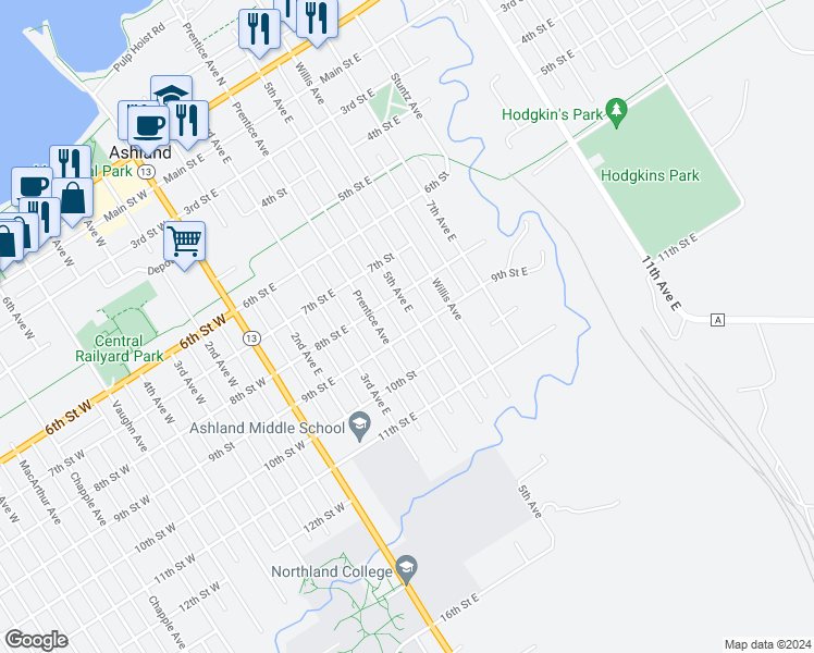 map of restaurants, bars, coffee shops, grocery stores, and more near 917 5th Avenue in Ashland