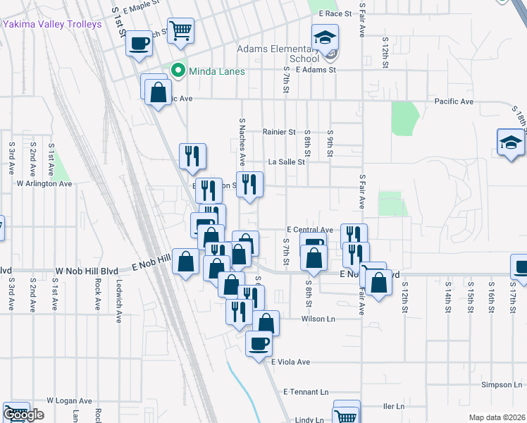 map of restaurants, bars, coffee shops, grocery stores, and more near 603-609 East Central Avenue in Yakima