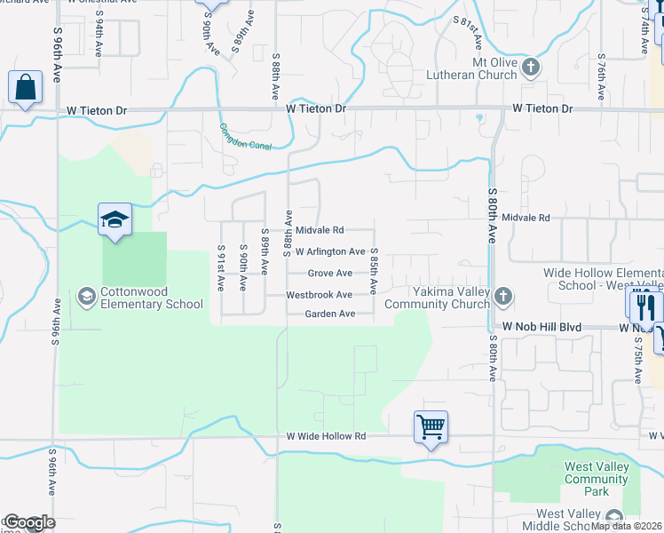 map of restaurants, bars, coffee shops, grocery stores, and more near 8601 West Arlington Avenue in Yakima