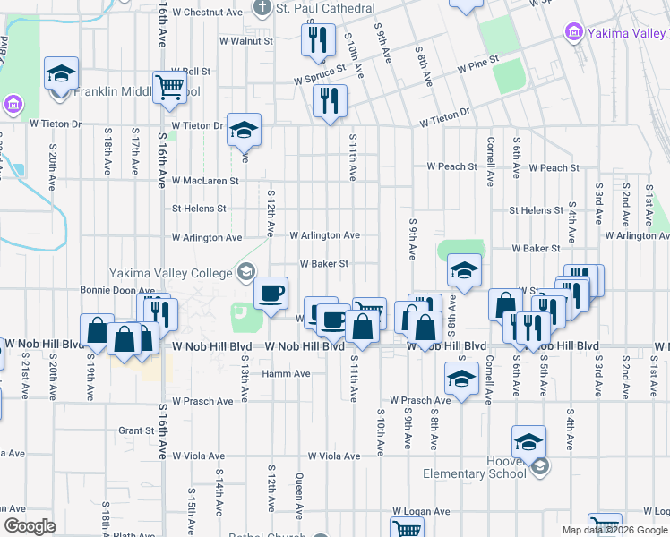 map of restaurants, bars, coffee shops, grocery stores, and more near 905 Pleasant Avenue in Yakima