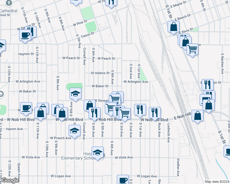 map of restaurants, bars, coffee shops, grocery stores, and more near 907 South 4th Avenue in Yakima