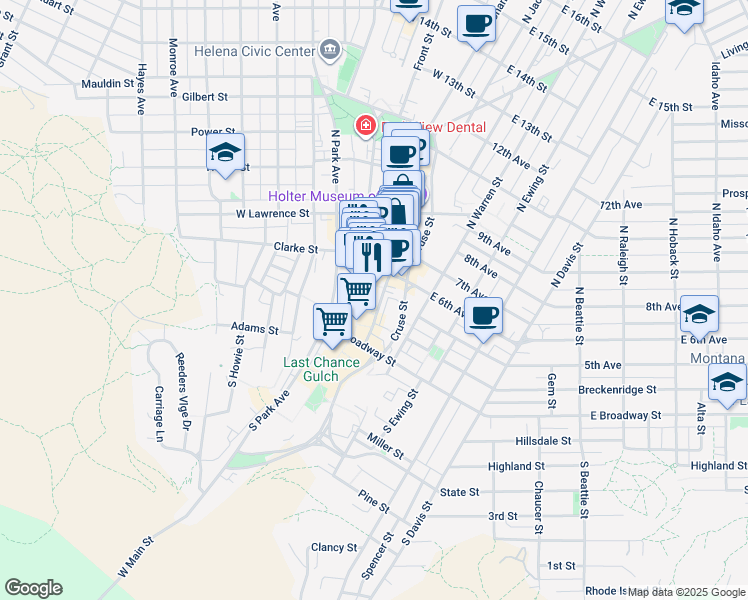 map of restaurants, bars, coffee shops, grocery stores, and more near 299 North Last Chance Gulch in Helena