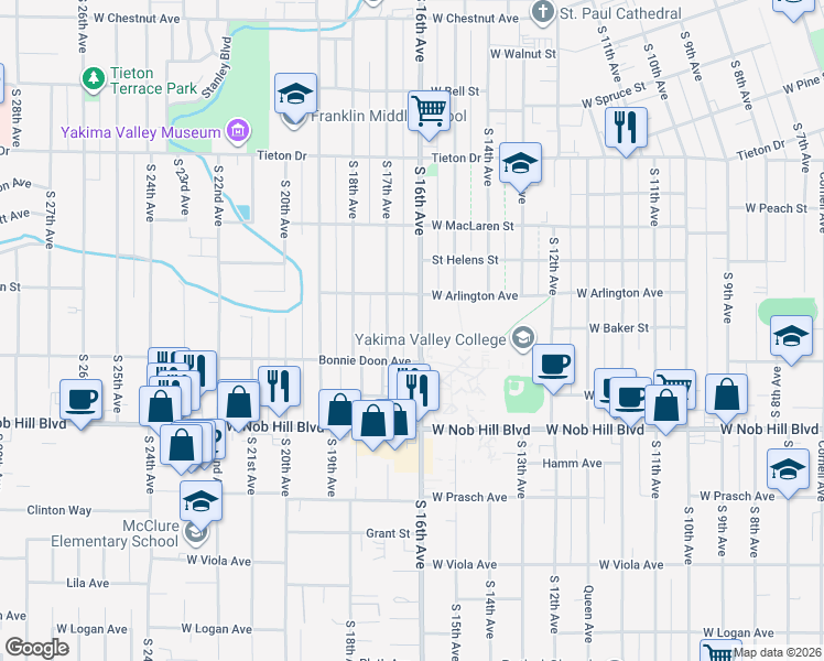 map of restaurants, bars, coffee shops, grocery stores, and more near 906 South 16th Avenue in Yakima