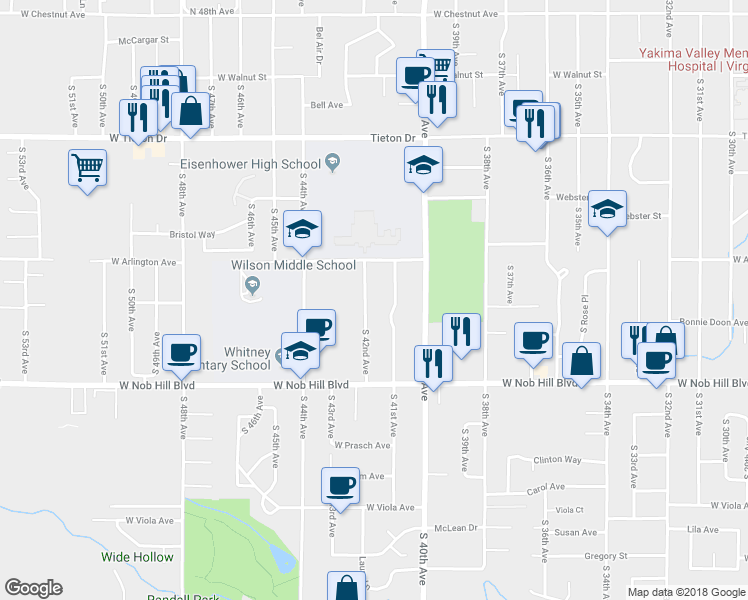map of restaurants, bars, coffee shops, grocery stores, and more near 905a South 42nd Avenue in Yakima