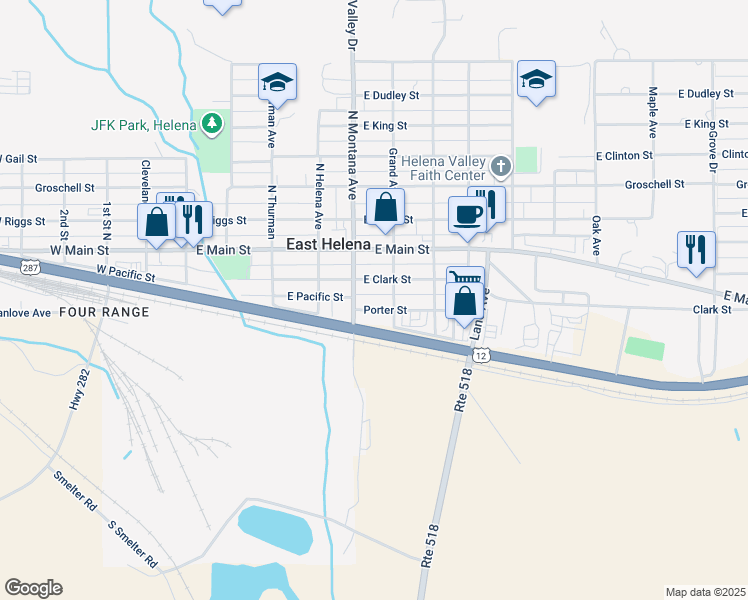map of restaurants, bars, coffee shops, grocery stores, and more near 409 East Clark Street in East Helena