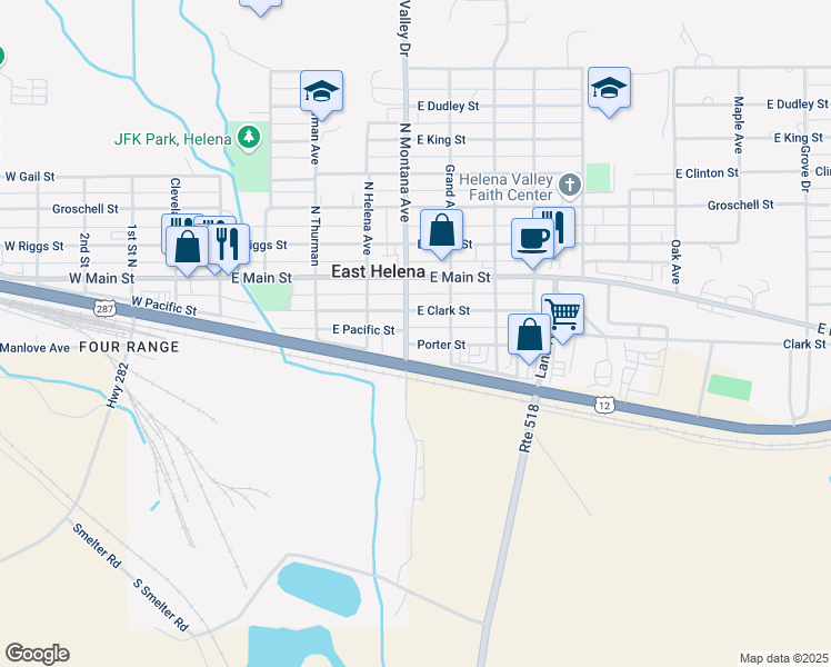 map of restaurants, bars, coffee shops, grocery stores, and more near 409 East Clark Street in East Helena