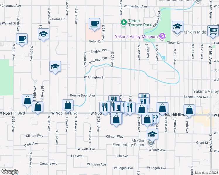 map of restaurants, bars, coffee shops, grocery stores, and more near 905 South 27th Avenue in Yakima
