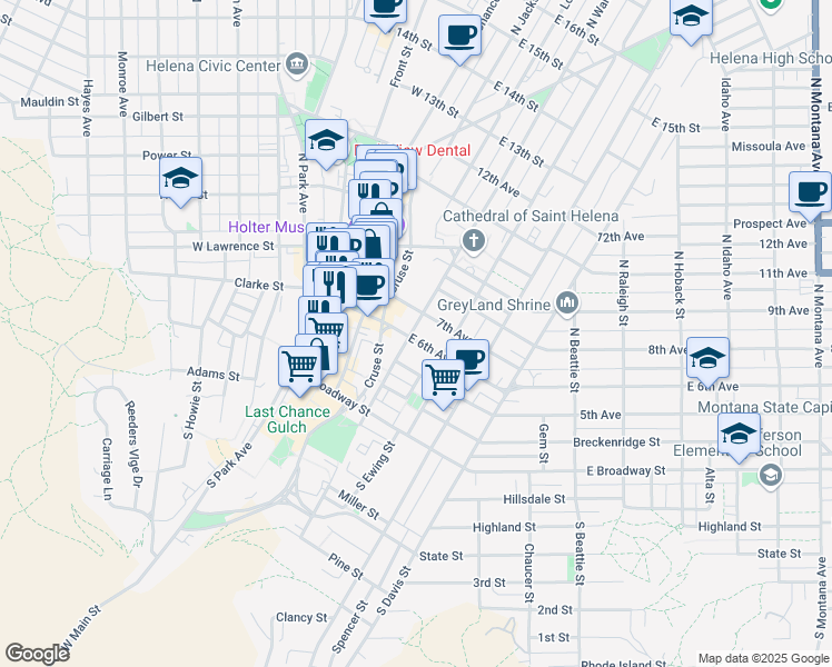 map of restaurants, bars, coffee shops, grocery stores, and more near 303 North Warren Street in Helena