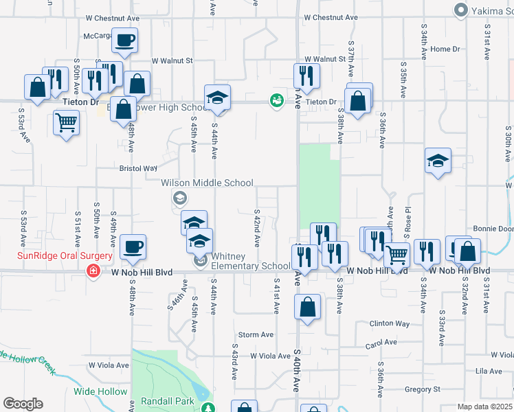 map of restaurants, bars, coffee shops, grocery stores, and more near 905a South 42nd Avenue in Yakima