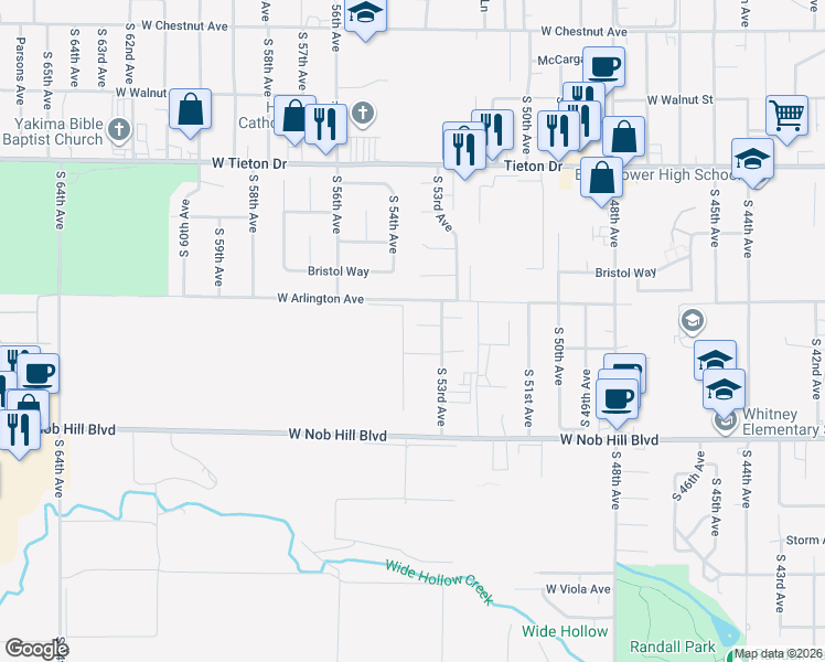 map of restaurants, bars, coffee shops, grocery stores, and more near 5399 Maui Place in Yakima