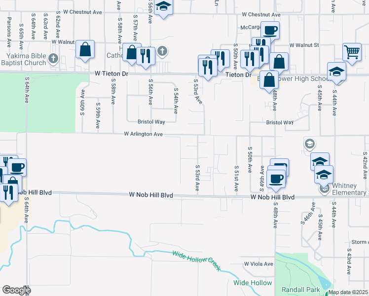 map of restaurants, bars, coffee shops, grocery stores, and more near 5399 Maui Place in Yakima