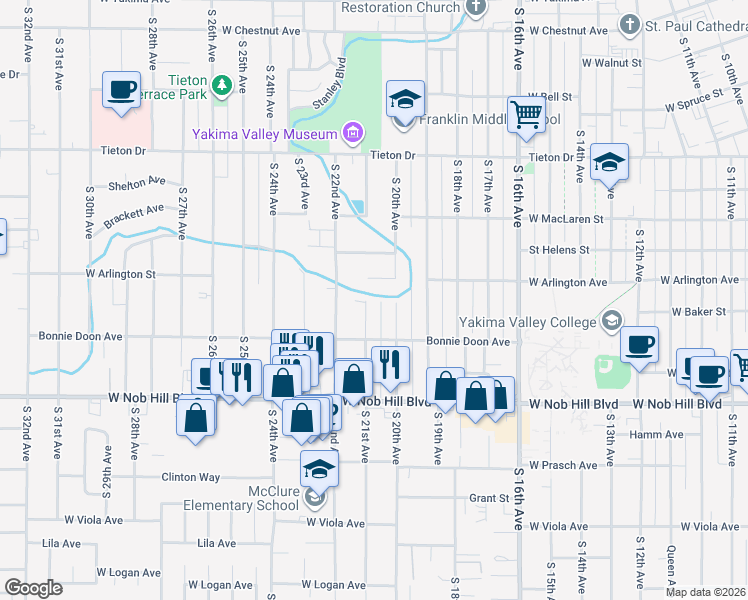 map of restaurants, bars, coffee shops, grocery stores, and more near 912 South 21st Avenue in Yakima