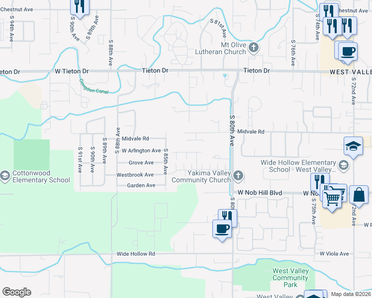 map of restaurants, bars, coffee shops, grocery stores, and more near 8306 Midvale Rd in Yakima