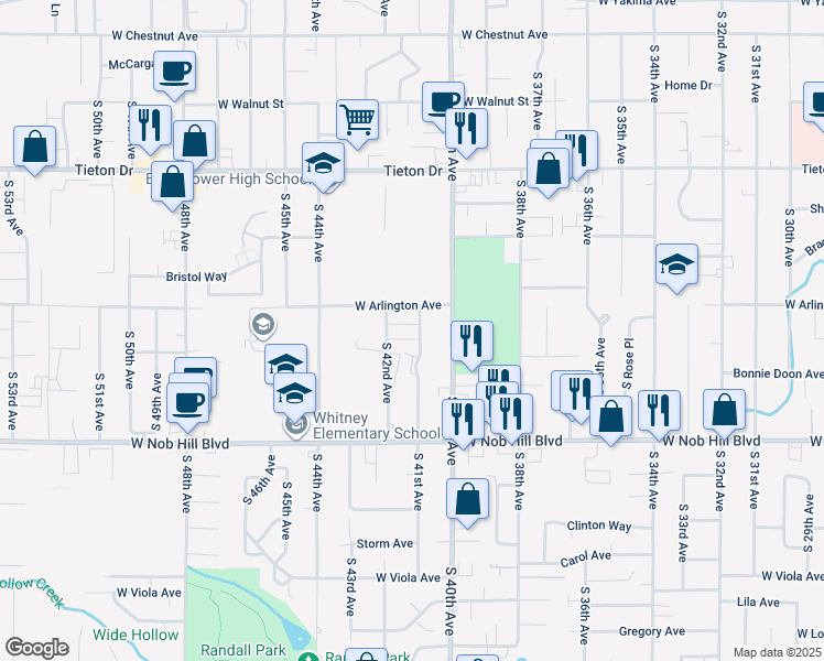 map of restaurants, bars, coffee shops, grocery stores, and more near 905a South 42nd Avenue in Yakima