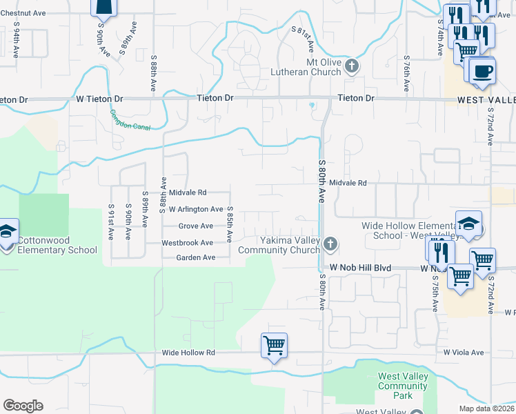 map of restaurants, bars, coffee shops, grocery stores, and more near 8306 Midvale Rd in Yakima