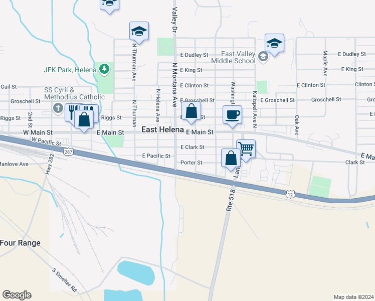map of restaurants, bars, coffee shops, grocery stores, and more near 409 East Clark Street in East Helena
