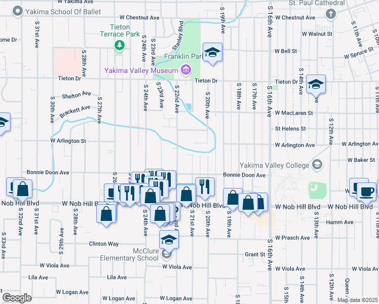 map of restaurants, bars, coffee shops, grocery stores, and more near 912 South 21st Avenue in Yakima