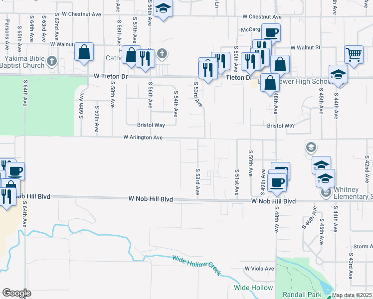 map of restaurants, bars, coffee shops, grocery stores, and more near 5399 Maui Place in Yakima