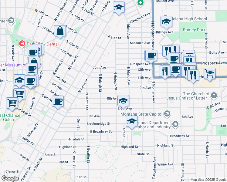map of restaurants, bars, coffee shops, grocery stores, and more near 450 North Hoback Street in Helena