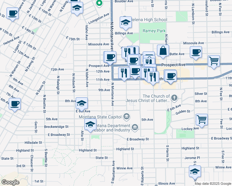 map of restaurants, bars, coffee shops, grocery stores, and more near 1205 9th Avenue in Helena