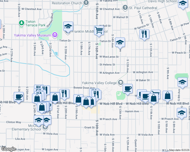 map of restaurants, bars, coffee shops, grocery stores, and more near 906 South 16th Avenue in Yakima