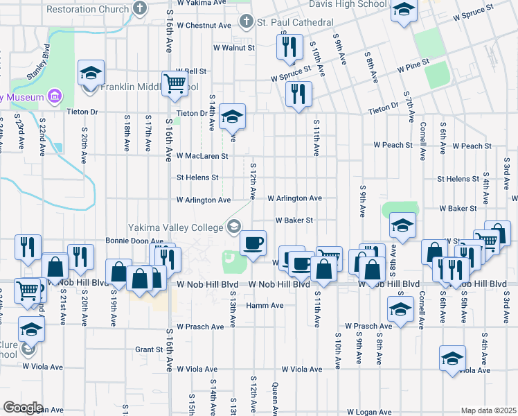 map of restaurants, bars, coffee shops, grocery stores, and more near 905 S 12th Ave in Yakima