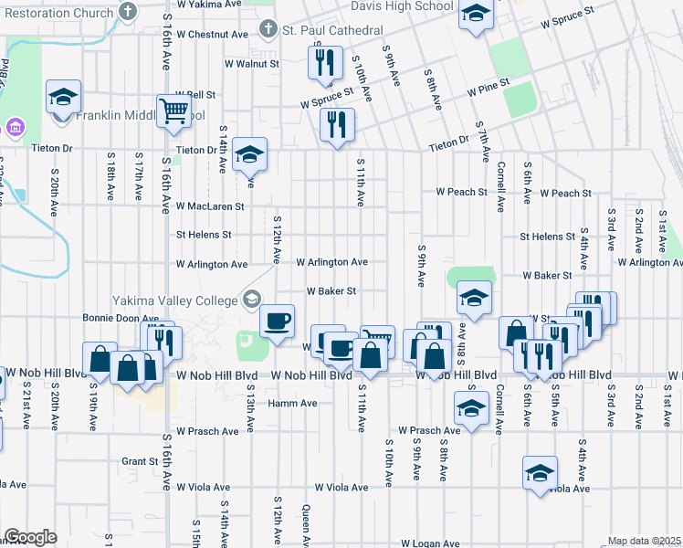 map of restaurants, bars, coffee shops, grocery stores, and more near 905 Pleasant Avenue in Yakima