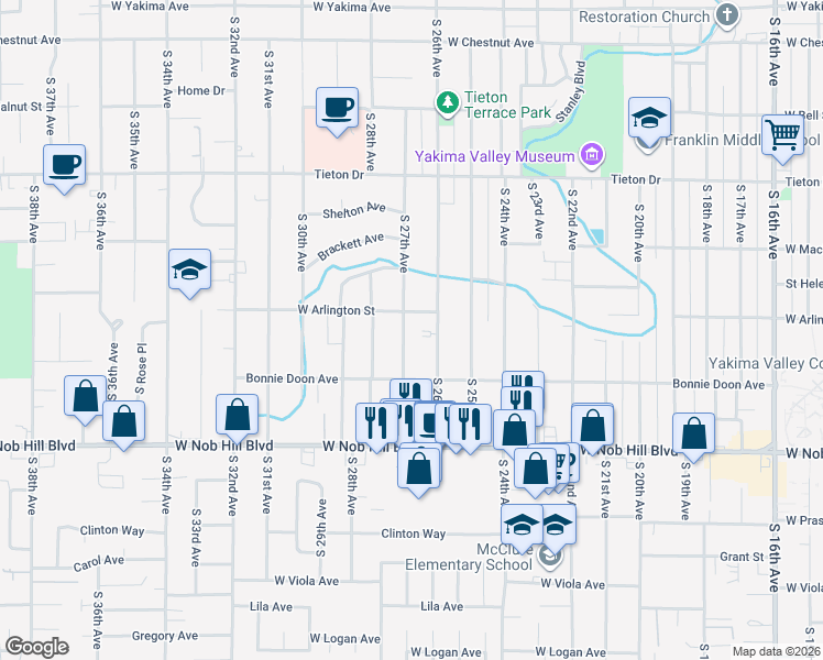 map of restaurants, bars, coffee shops, grocery stores, and more near 905 South 27th Avenue in Yakima