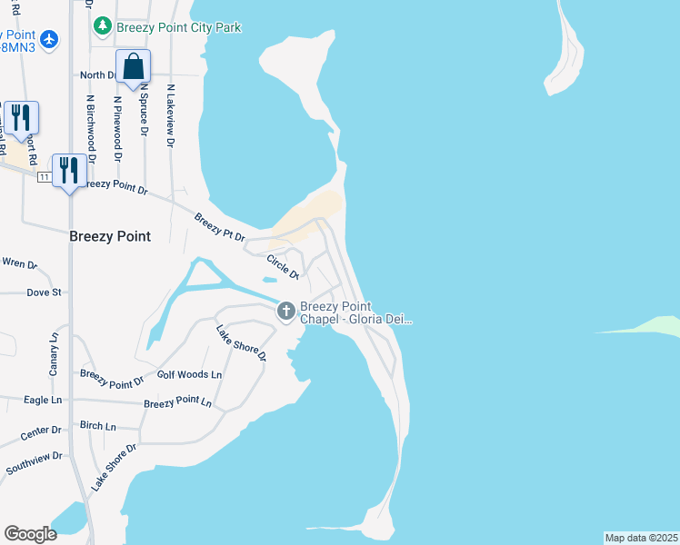 map of restaurants, bars, coffee shops, grocery stores, and more near 9151 Breezy Point Drive in Pequot Lakes
