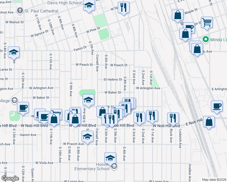 map of restaurants, bars, coffee shops, grocery stores, and more near 815 South 6th Avenue in Yakima