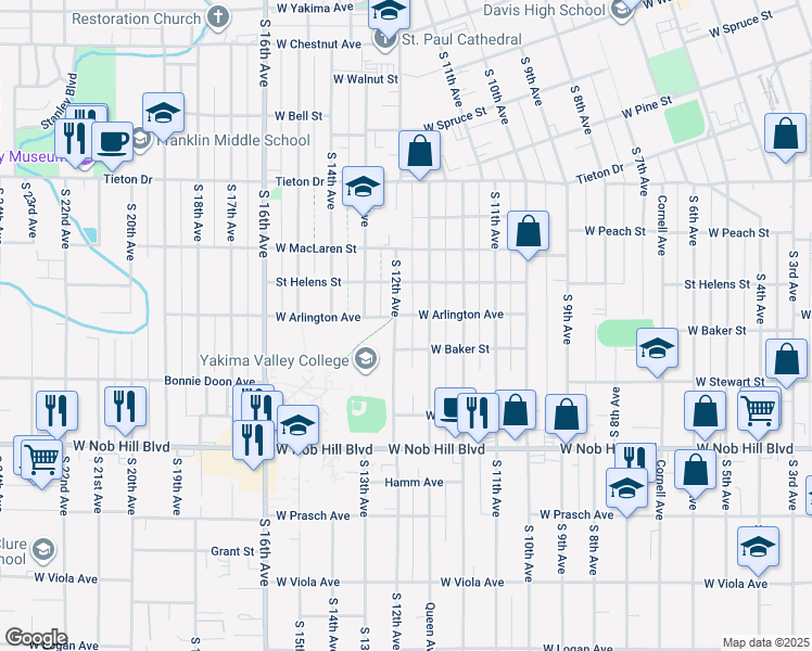 map of restaurants, bars, coffee shops, grocery stores, and more near 905 S 12th Ave in Yakima