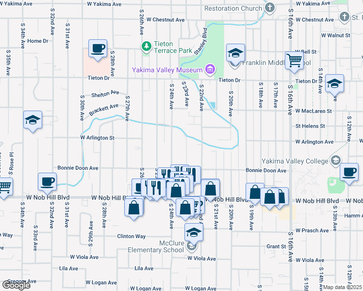 map of restaurants, bars, coffee shops, grocery stores, and more near 912 South 23rd Avenue in Yakima