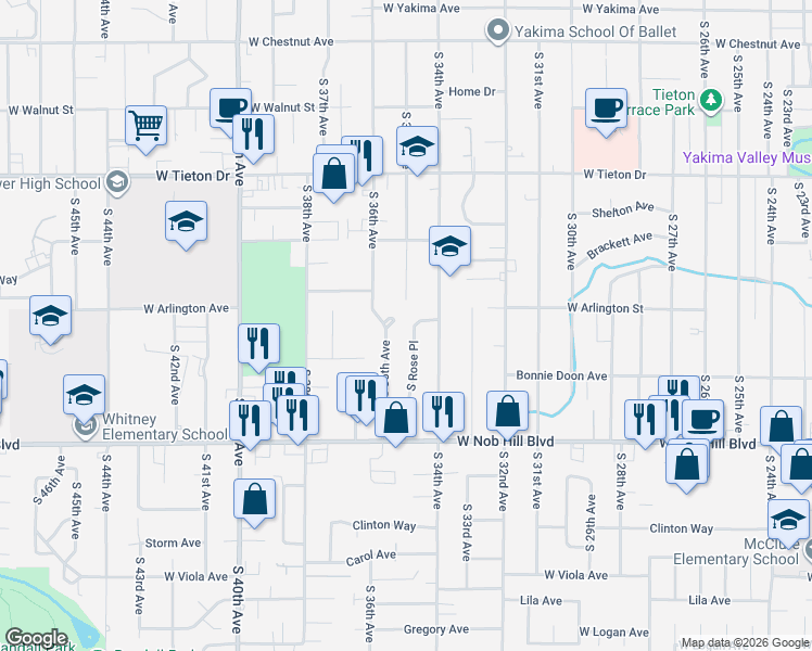 map of restaurants, bars, coffee shops, grocery stores, and more near 1013 South Rose Place in Yakima