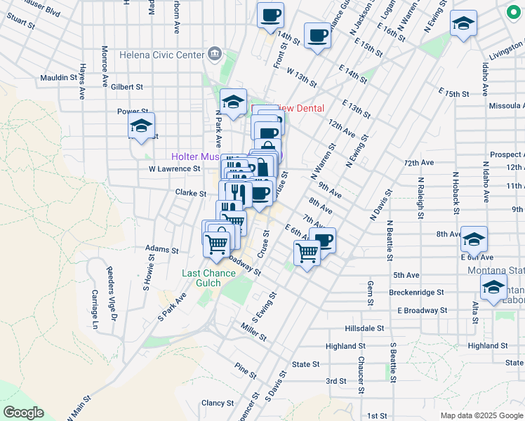 map of restaurants, bars, coffee shops, grocery stores, and more near 299 North Last Chance Gulch in Helena