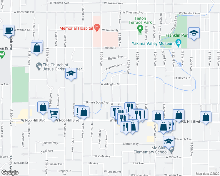 map of restaurants, bars, coffee shops, grocery stores, and more near 908 S 29th Ave in Yakima