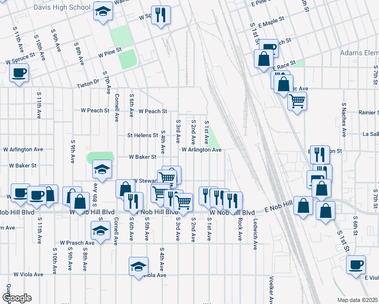 map of restaurants, bars, coffee shops, grocery stores, and more near 906 South 2nd Avenue in Yakima