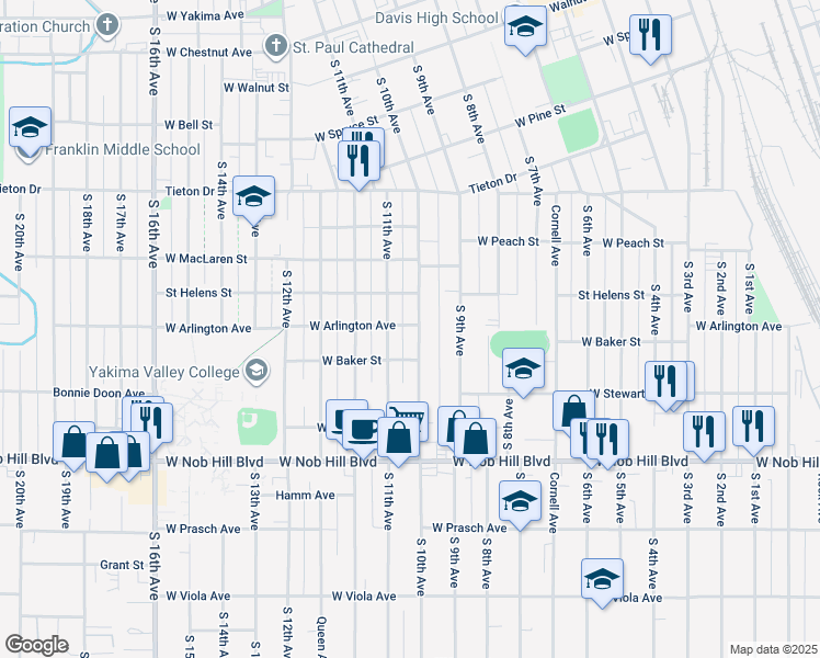 map of restaurants, bars, coffee shops, grocery stores, and more near 906 South 10th Avenue in Yakima