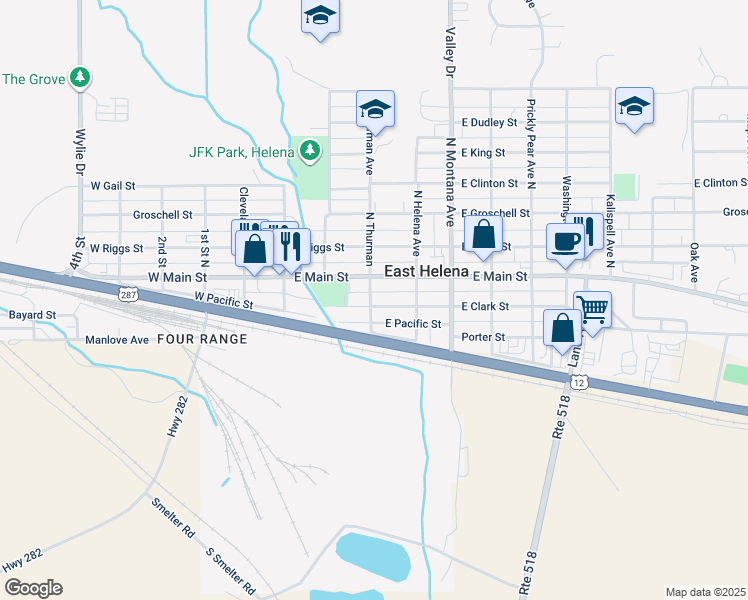 map of restaurants, bars, coffee shops, grocery stores, and more near 202 East Clark Street in East Helena