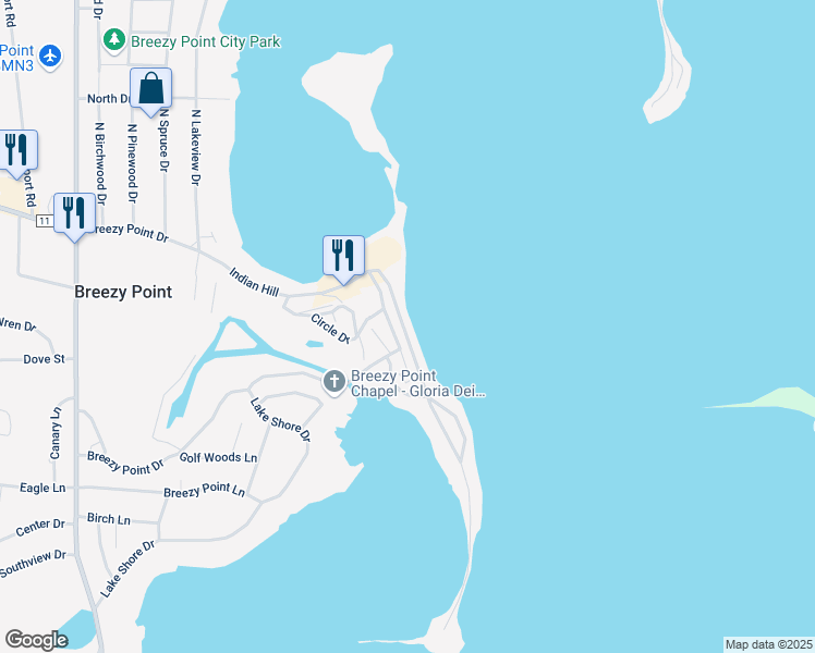 map of restaurants, bars, coffee shops, grocery stores, and more near 9151 Breezy Point Drive in Pequot Lakes